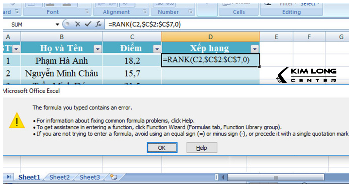 Lỗi The formula you typed contains an error